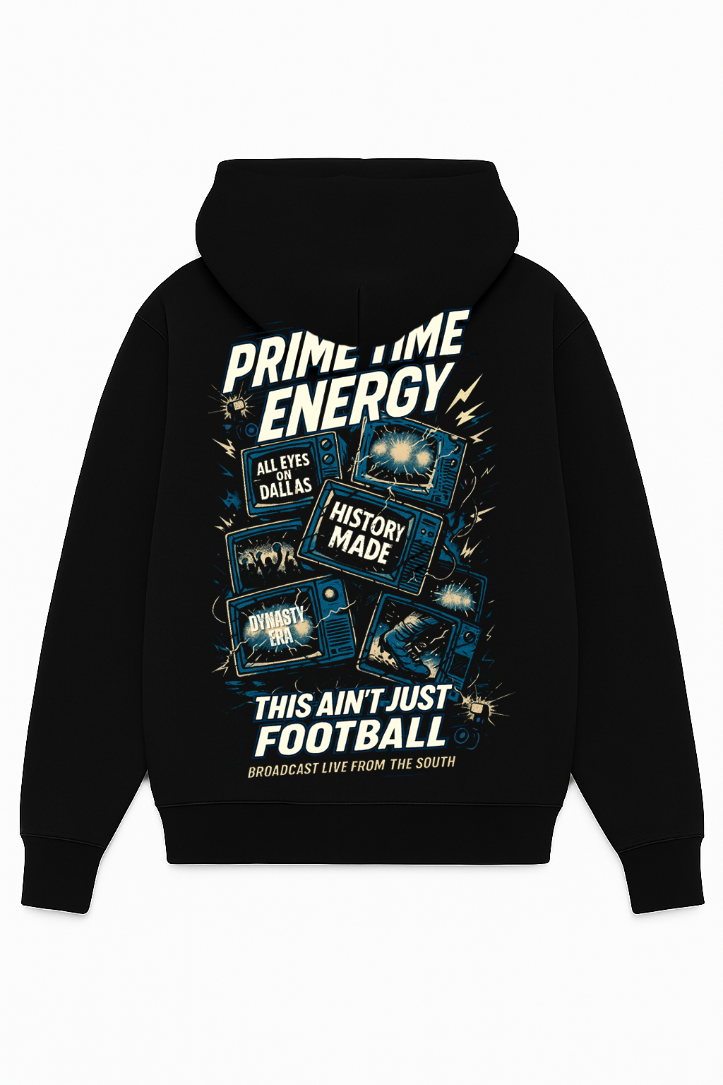 Black heavyweight hoodie with oversized “Prime Time Energy” vintage TV football broadcast graphic. Sunday Club Dallas collection