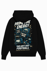 Black heavyweight hoodie with oversized “Prime Time Energy” vintage TV football broadcast graphic. Sunday Club Dallas collection
