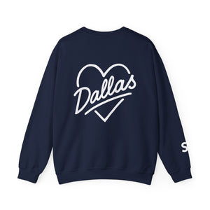 Navy crewneck sweatshirt with large white heart-shaped “Dallas” script graphic on back – Sunday Club Dallas collection