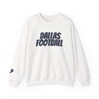 White crewneck sweatshirt with bold navy “Dallas Football” text on front. Sunday Club Dallas collection