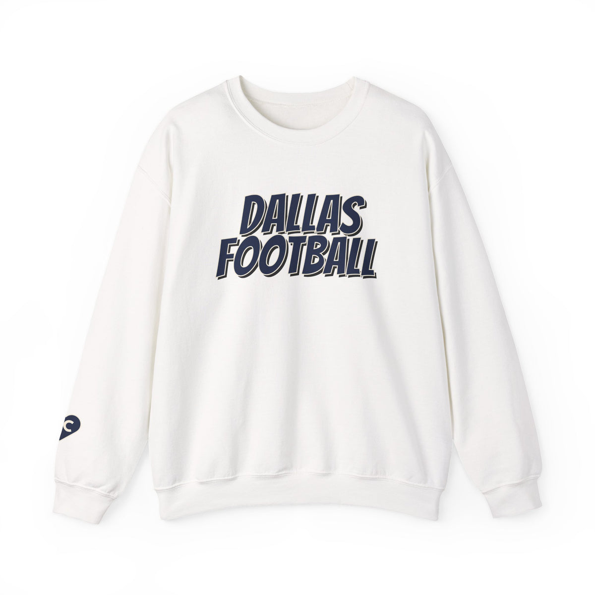 White crewneck sweatshirt with bold navy “Dallas Football” text on front. Sunday Club Dallas collection
