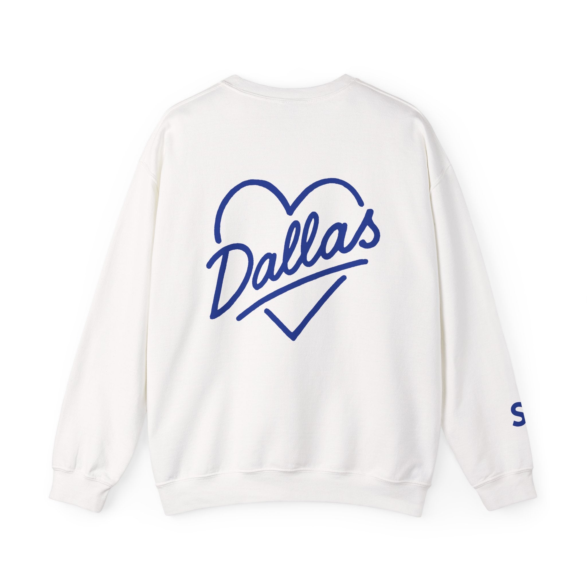 White crewneck sweatshirt with large Blue heart-shaped “Dallas” script graphic on back – Sunday Club Dallas collection