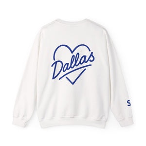White crewneck sweatshirt with large Blue heart-shaped “Dallas” script graphic on back – Sunday Club Dallas collection