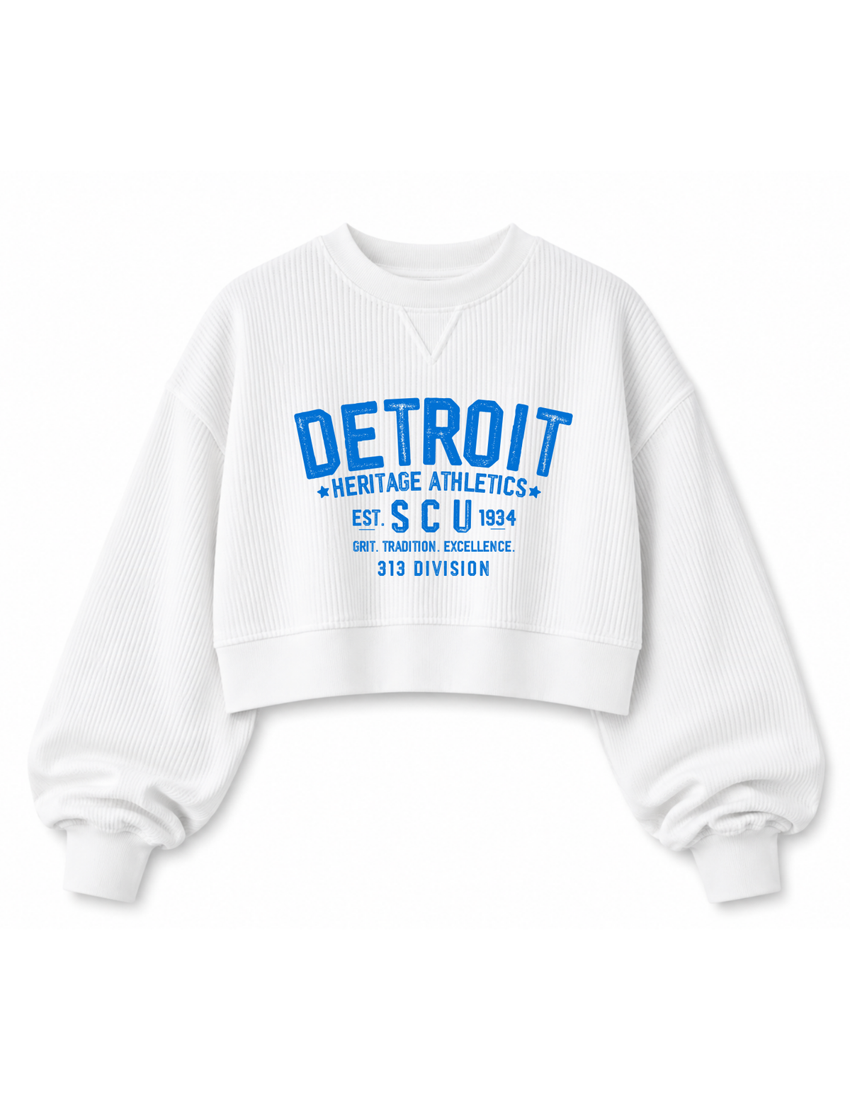 Woman wearing the Detroit Heritage cropped corded crew sweatshirt for a Detroit football game day outfit.