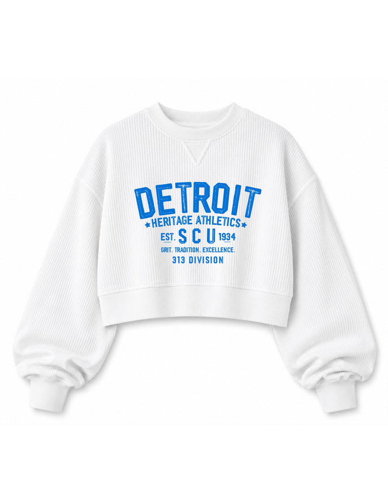 Woman wearing the Detroit Heritage cropped corded crew sweatshirt for a Detroit football game day outfit.