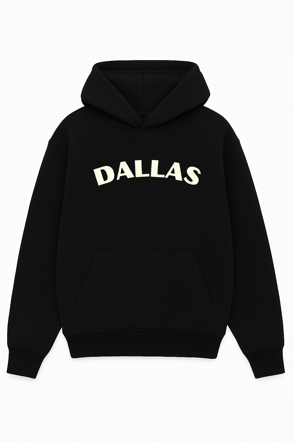 Black heavyweight hoodie with cream arched “DALLAS” text – Sunday Club Dallas Dynasty Era collection
