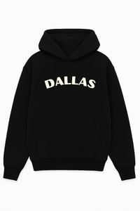 Black heavyweight hoodie with cream arched “DALLAS” text – Sunday Club Dallas Dynasty Era collection