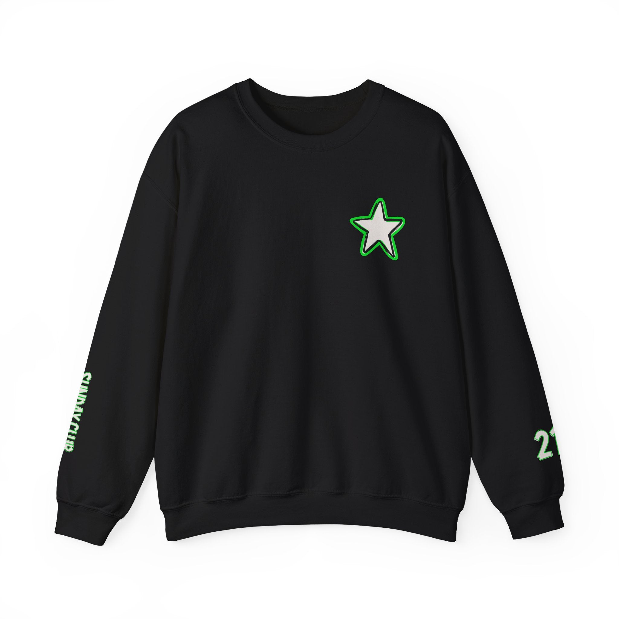 Front view of black crewneck sweatshirt featuring a neon green star graphic on the chest, with 214 and Sunday Club sleeve details. Minimalist design with a bold Dallas vibe.