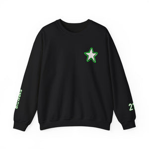 Front view of black crewneck sweatshirt featuring a neon green star graphic on the chest, with 214 and Sunday Club sleeve details. Minimalist design with a bold Dallas vibe.