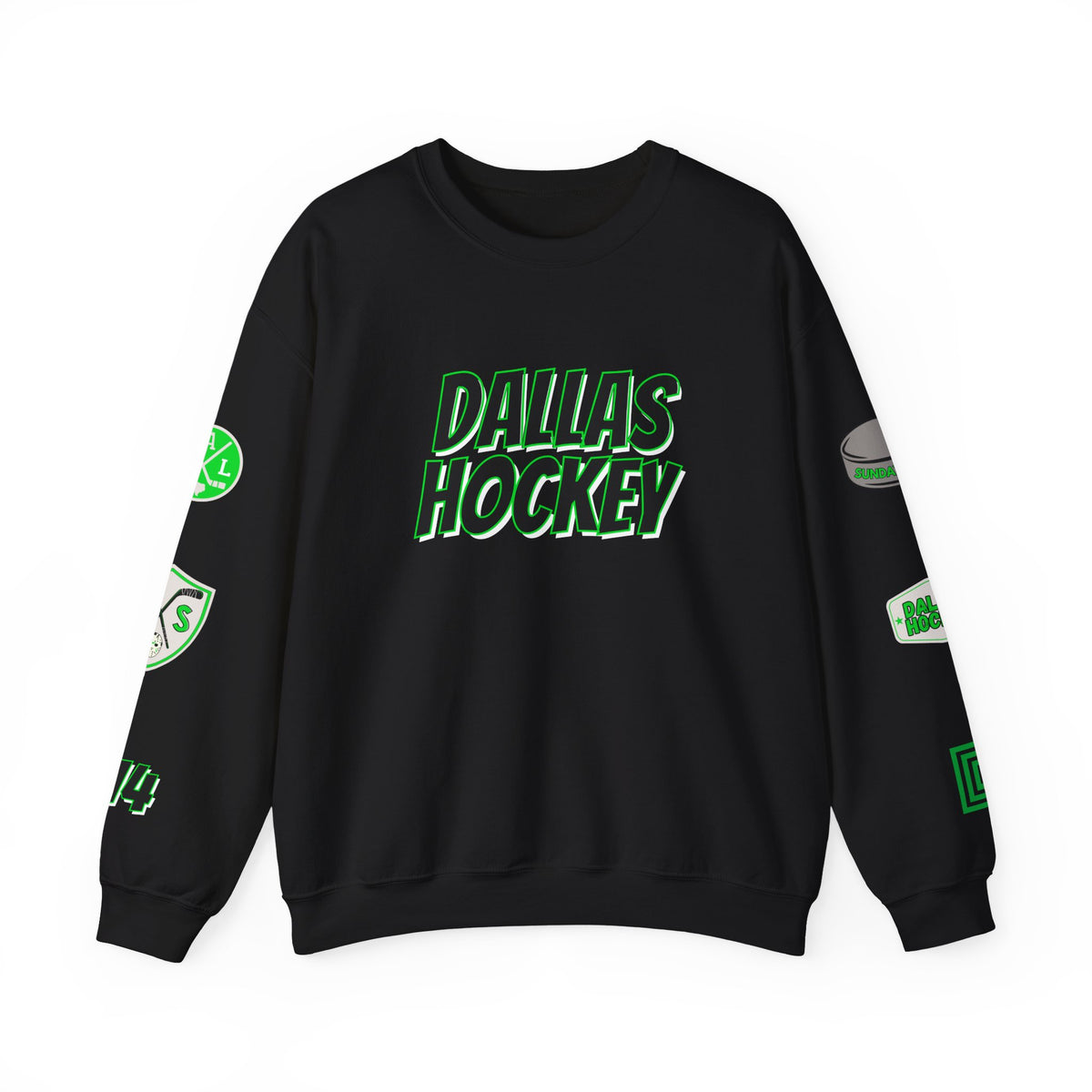 Black crewneck sweatshirt with bold green "Dallas Hockey" front print and custom sleeve patches featuring hockey-themed graphics. Designed by Sunday Club.
