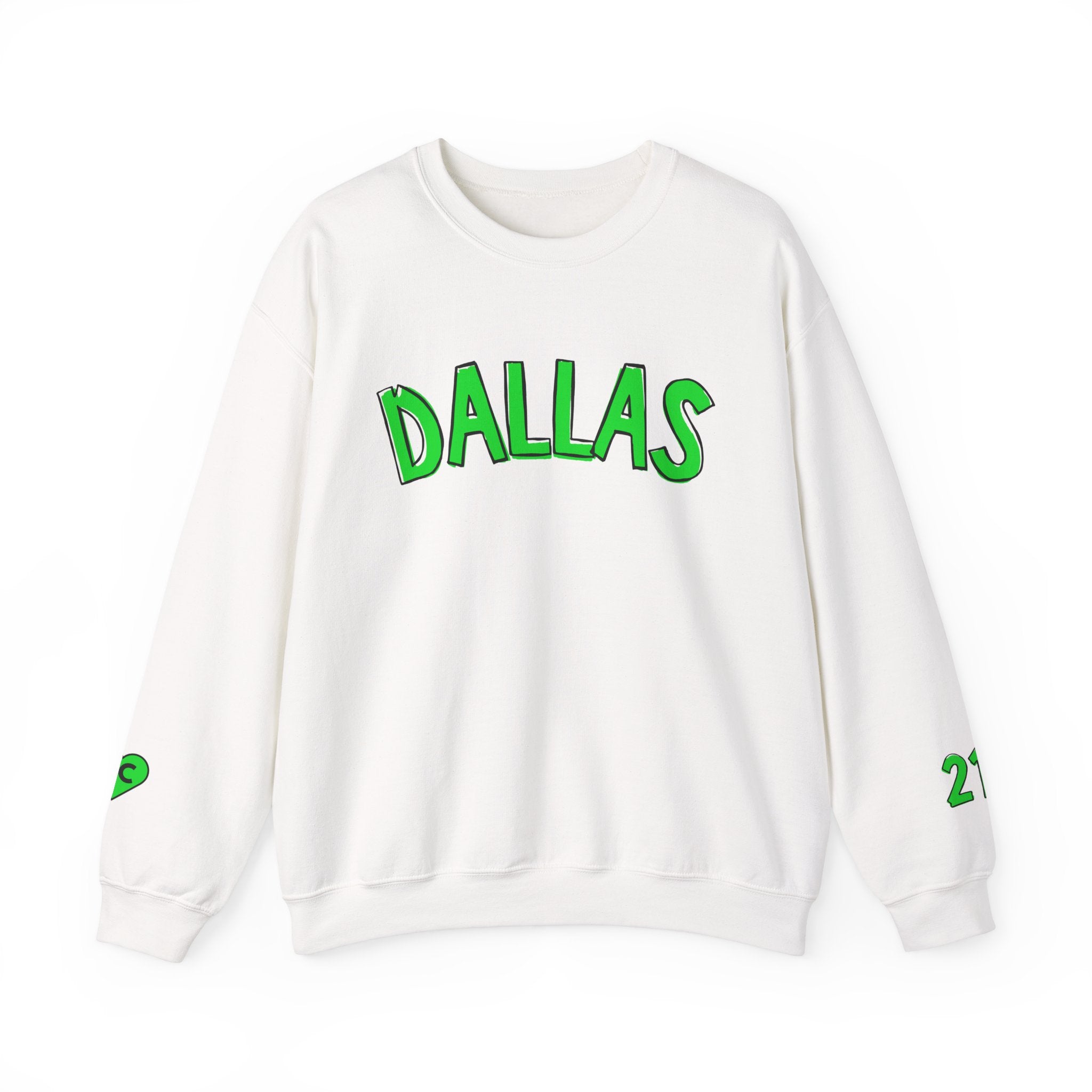 White crewneck sweatshirt with bold green “DALLAS” lettering across the chest, featuring green “214” and Sunday Club sleeve graphics. Designed by Sunday Club.
