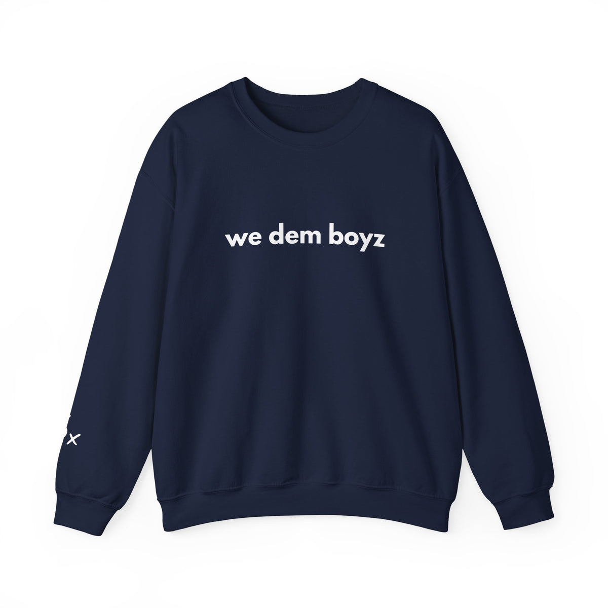 Navy crewneck sweatshirt with white “we dem boyz” text on front – Sunday Club Dallas collection