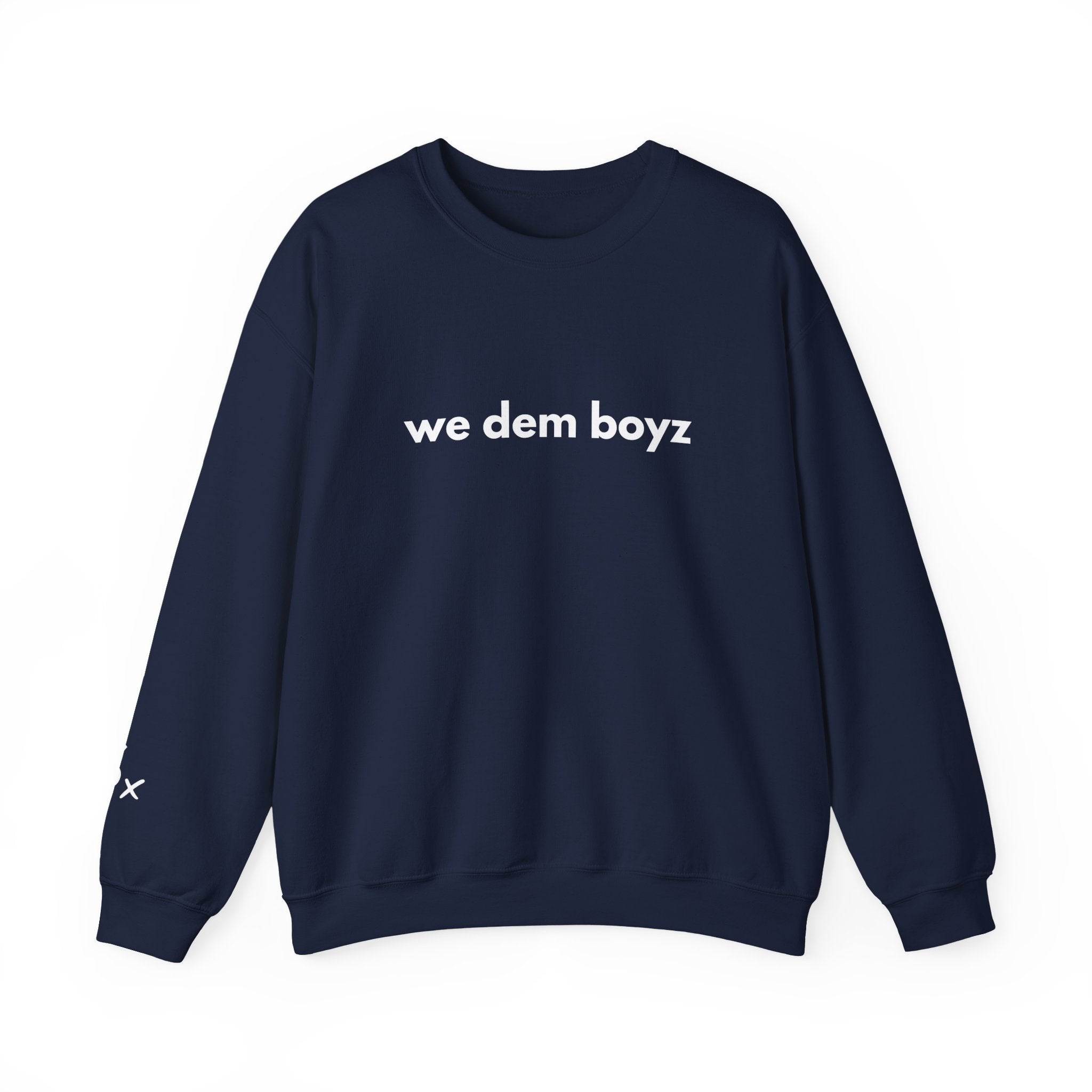 Navy crewneck sweatshirt with white “we dem boyz” text on front – Sunday Club Dallas collection