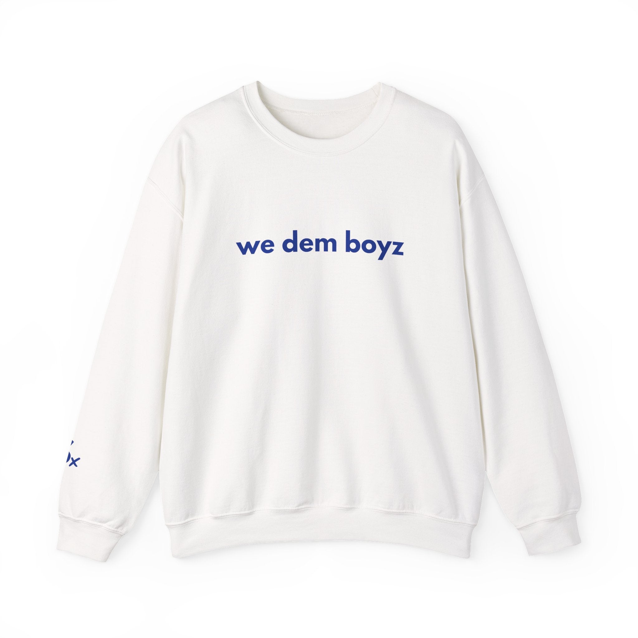 White crewneck sweatshirt with white “we dem boyz” text on front – Sunday Club Dallas collection