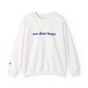 White crewneck sweatshirt with white “we dem boyz” text on front – Sunday Club Dallas collection